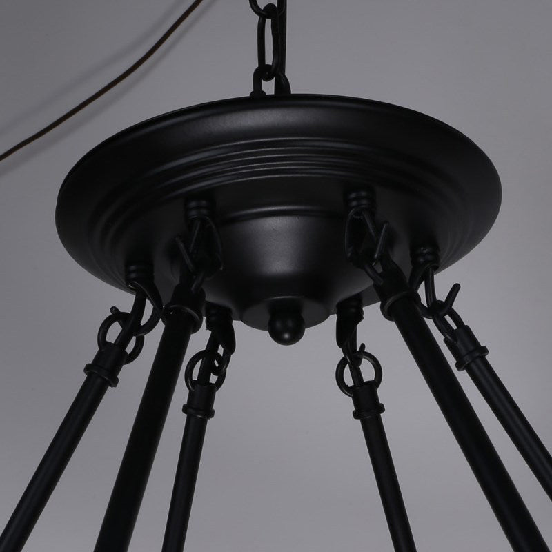 Country Hemp Rope Loop Chandelier - Hanging Ceiling Light, Black Restaurant Lamp