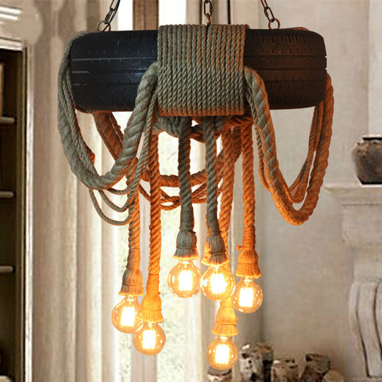 Loft Style Rope Chandelier With Tyre Decoration And 6 Bare Bulbs In Brown