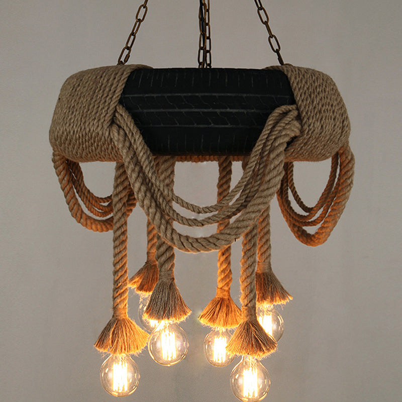Loft Style Tyre Rope Chandelier with 6 Bare Bulb Pendant Lights