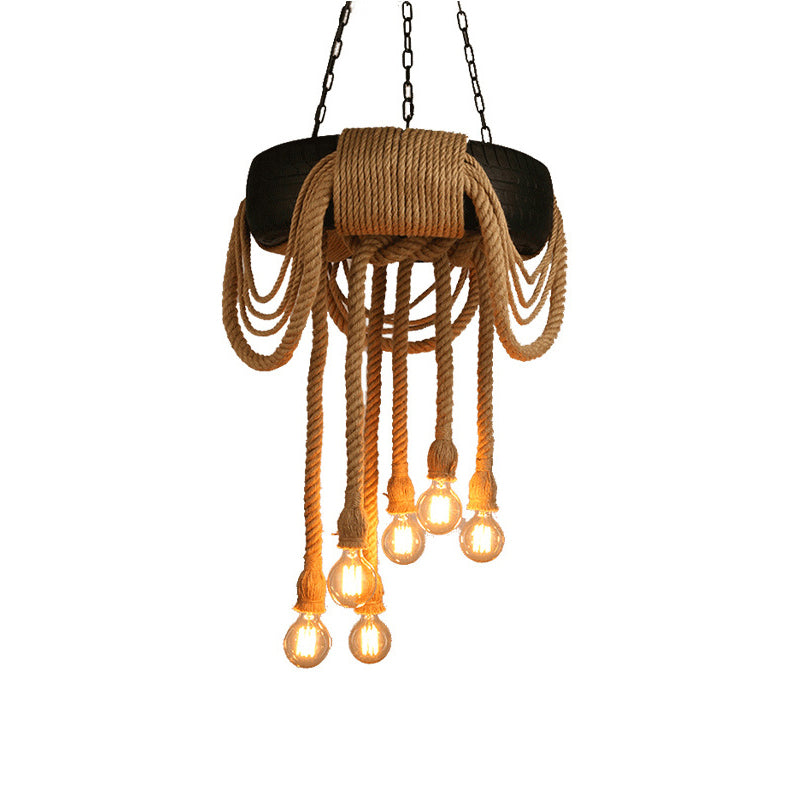 Loft Style Rope Chandelier With Tyre Decoration And 6 Bare Bulbs In Brown