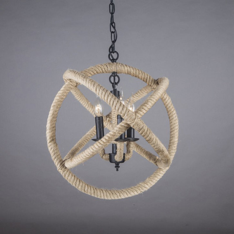 Globe Pendant Chandelier with Hemp Rope Accent - White Orbit Design, 3-Bulb Ceiling Light for Farmhouse Dining Room