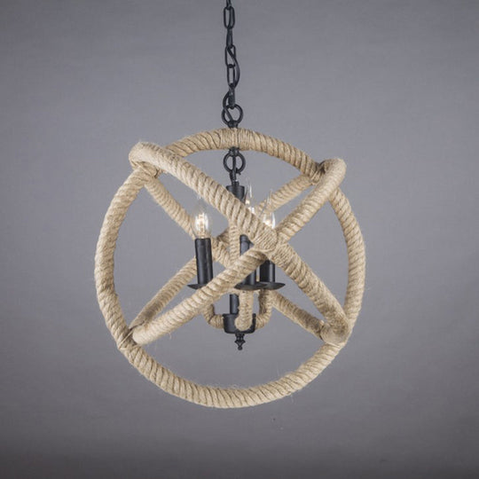White Orbit Globe Pendant Chandelier With Hemp Rope - Farmhouse Style Ceiling Light For Dining Room