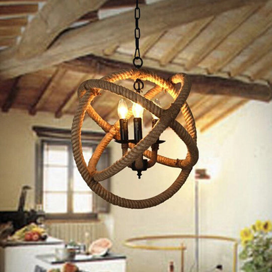 Globe Pendant Chandelier with Hemp Rope Accent - White Orbit Design, 3-Bulb Ceiling Light for Farmhouse Dining Room