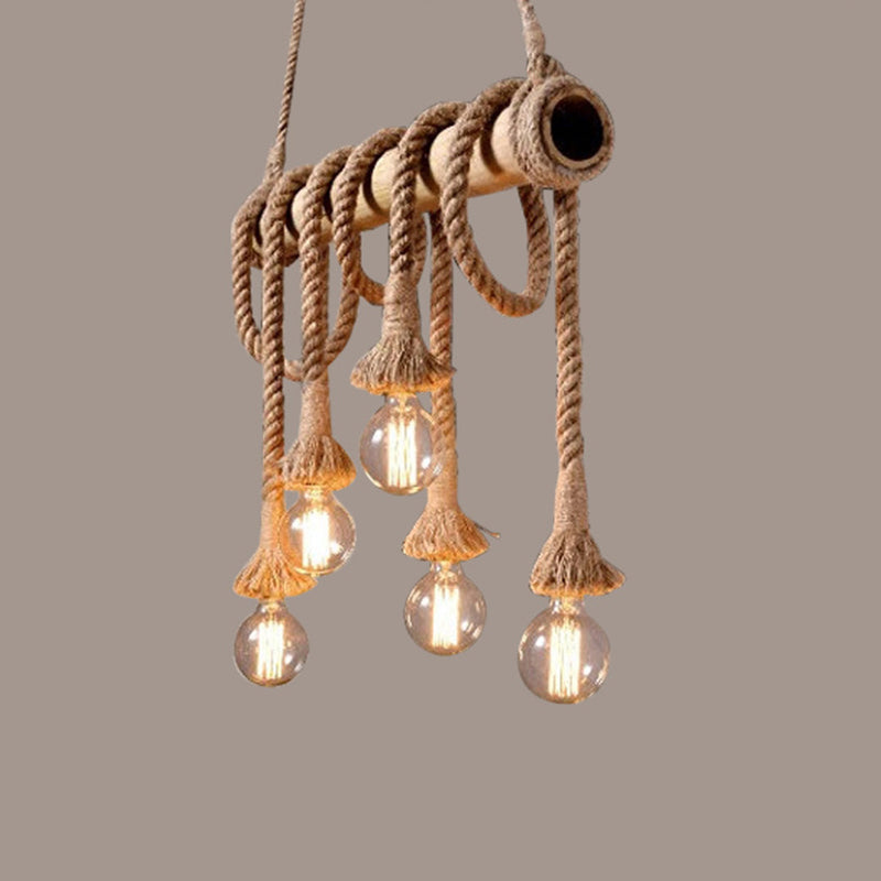 Country Hemp Rope Pendant Lighting With Bamboo Stick - 6 Bulbs Brown Finish