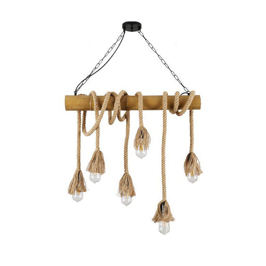 Country Hemp Rope Pendant Lighting With Bamboo Stick - 6 Bulbs Brown Finish