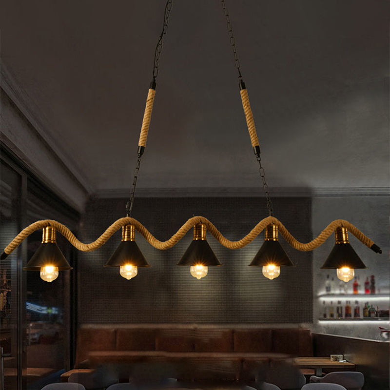 Industrial Metal Conical Island Ceiling Light Bar Pendant With Wavy Hemp Rope - Black