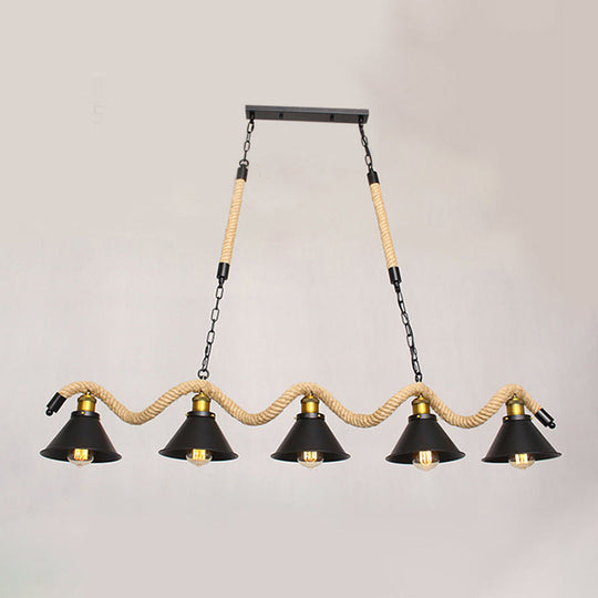 Industrial Metal Conical Island Ceiling Light Bar Pendant With Wavy Hemp Rope - Black 5 /