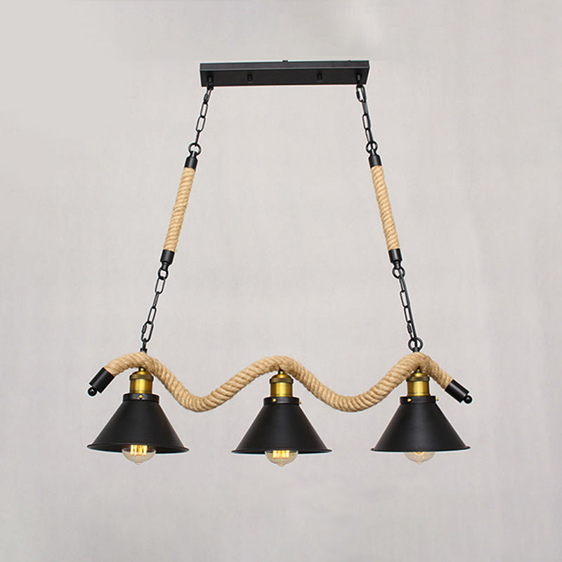 Industrial Metal Conical Island Ceiling Light Bar Pendant With Wavy Hemp Rope - Black 3 /