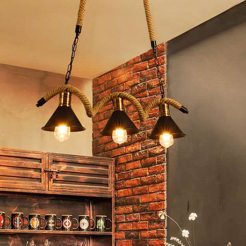 Industrial Metal Conical Island Ceiling Light Bar Pendant With Wavy Hemp Rope - Black