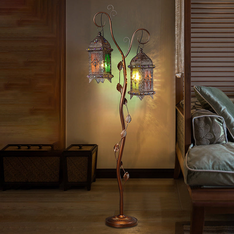 Rustic Lantern Floor Lamp With Ivy Decor - Metal Stand 2 Bulbs Brown Ideal For Living Rooms