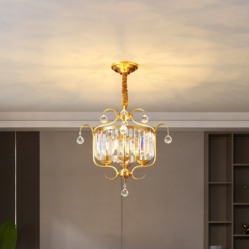 Traditional Crystal Chandelier - Gold Drum Shaped Suspension Lighting 4-Bulb Restaurant Light