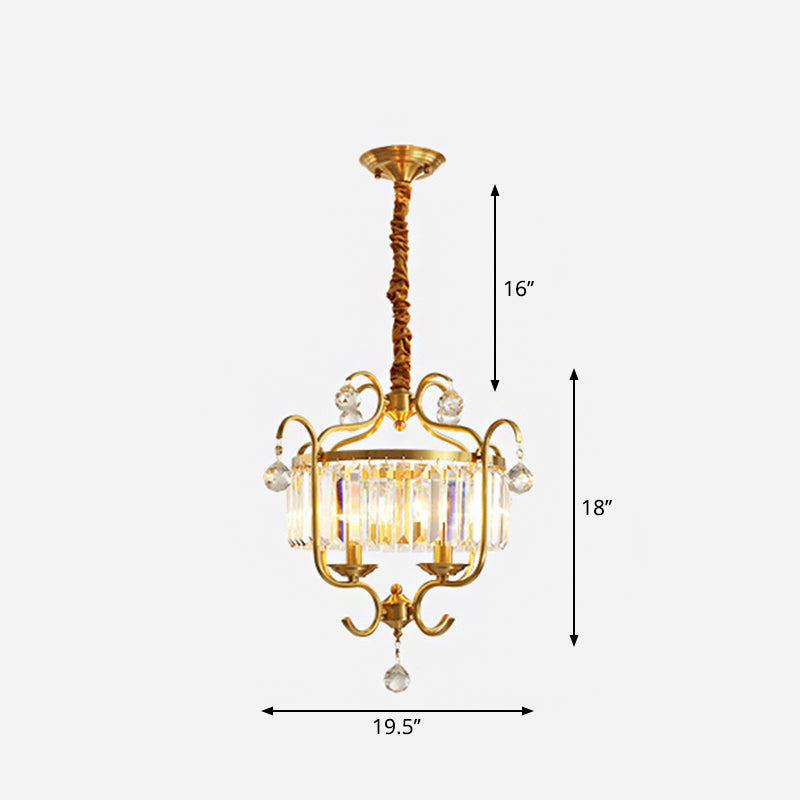 Traditional Crystal Chandelier - Gold Drum Shaped Suspension Lighting 4-Bulb Restaurant Light