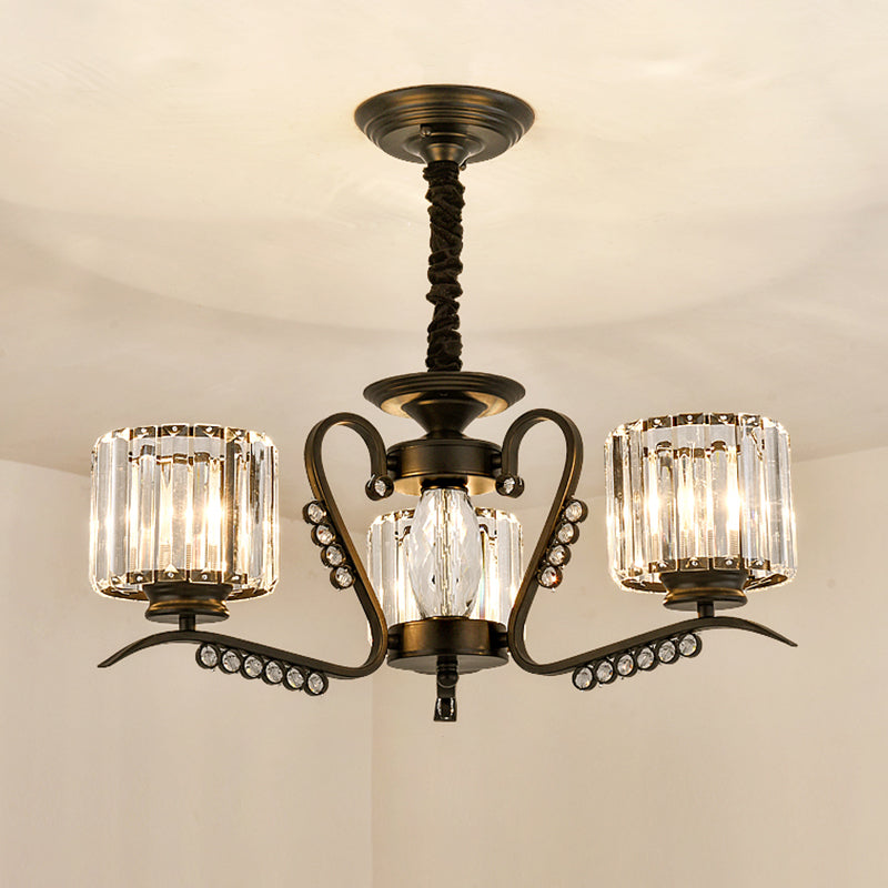 Sleek Black Cylindrical Chandelier With Tri-Sided Crystal Rods - Minimalist Hanging Light Fixture 3