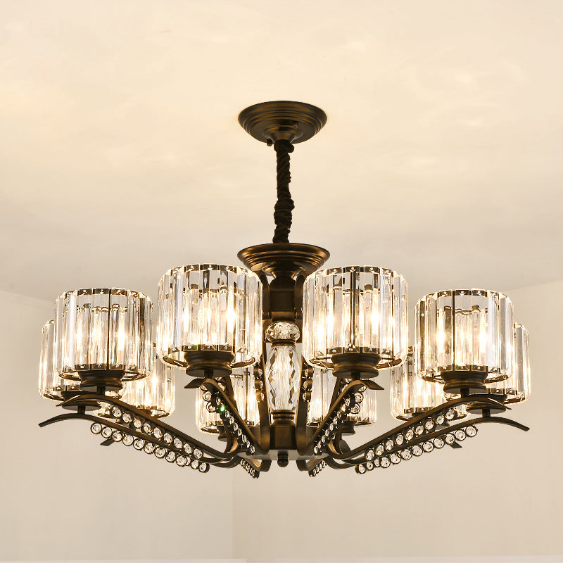 Sleek Black Cylindrical Chandelier With Tri-Sided Crystal Rods - Minimalist Hanging Light Fixture