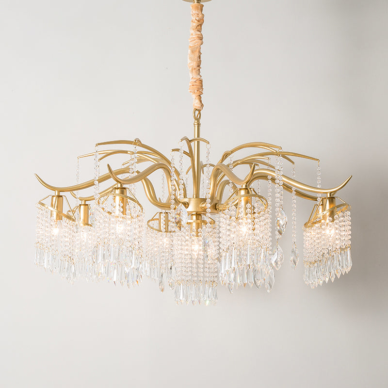 Antique Crystal Tassel Chandelier Lamp With Gold Finish - Elegant Bedroom Hanging Light Fixture