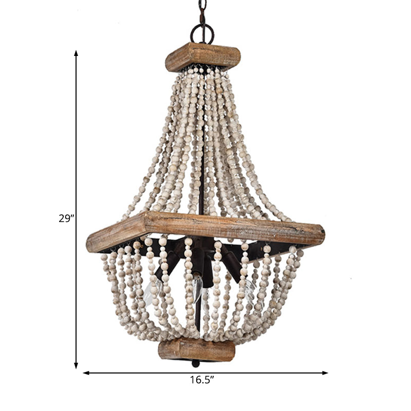 Traditional Wooden Empire Shape Chandelier With 4 Lights - Dark Wood Hanging Lamp