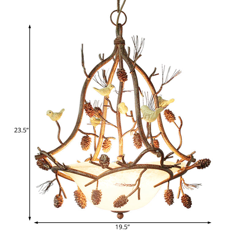 Frosted Glass Hanging Chandelier With Country Brown Finish - 3 Lights Bird And Pinecone Design Ideal