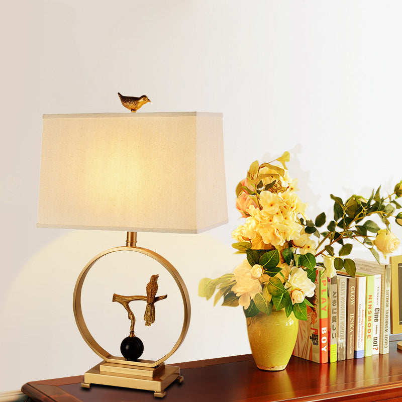 Vintage White Table Lamp With Gold Bird Design - Elegant 1 Light Rectangular Shape Fabric Shade