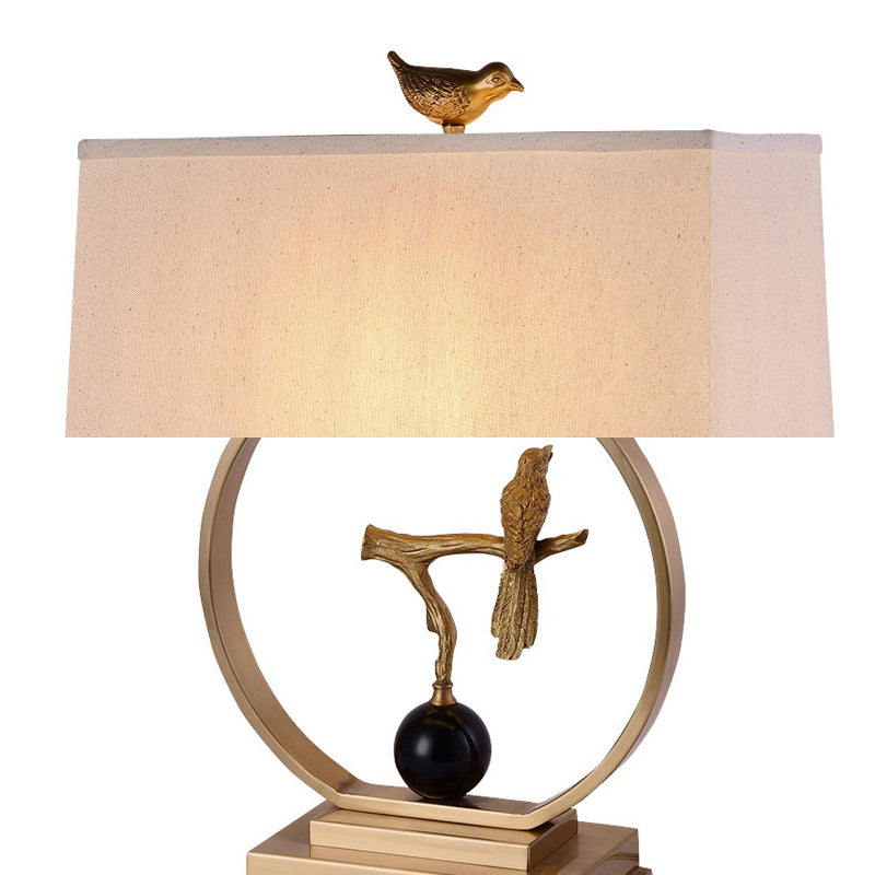 Vintage White Table Lamp With Gold Bird Design - Elegant 1 Light Rectangular Shape Fabric Shade