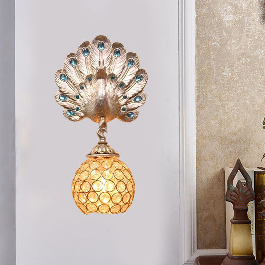 Antique Style Metal And Crystal Dome Wall Light With Silver Peacock Backplate