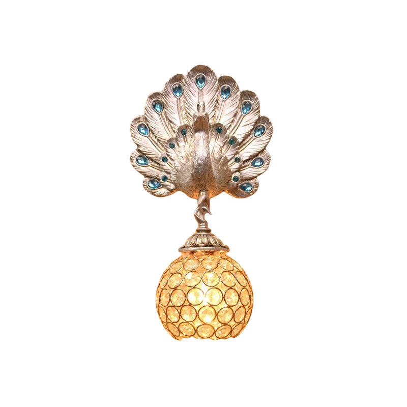 Antique Style Metal And Crystal Dome Wall Light With Silver Peacock Backplate