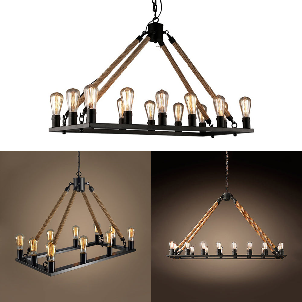 Modern 10/14 Lights Rectangle Hanging Lamp - Loft Style Black Metallic With Rope Island Lighting