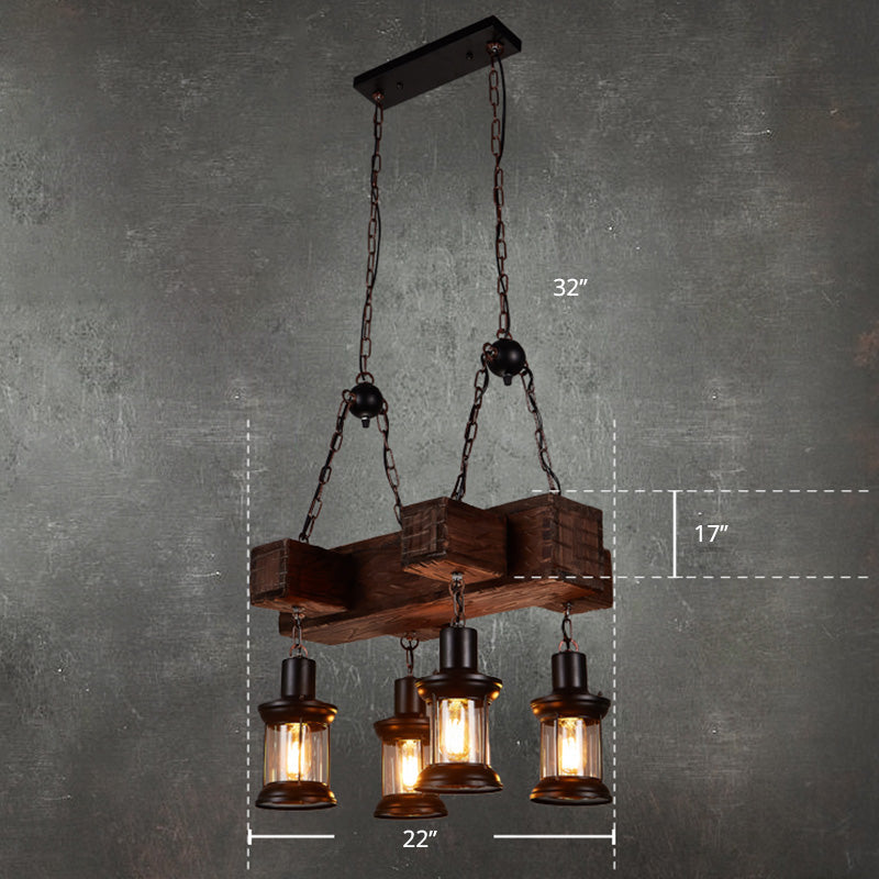 Rustic Wooden Brown Ceiling Light Lantern - 6-Bulb Hanging Island Lamp For Restaurants