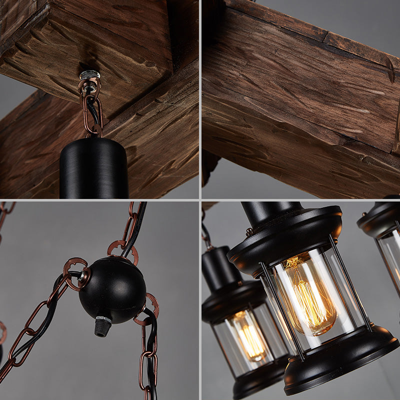 Rustic Wooden Brown Ceiling Light Lantern - 6-Bulb Hanging Island Lamp For Restaurants