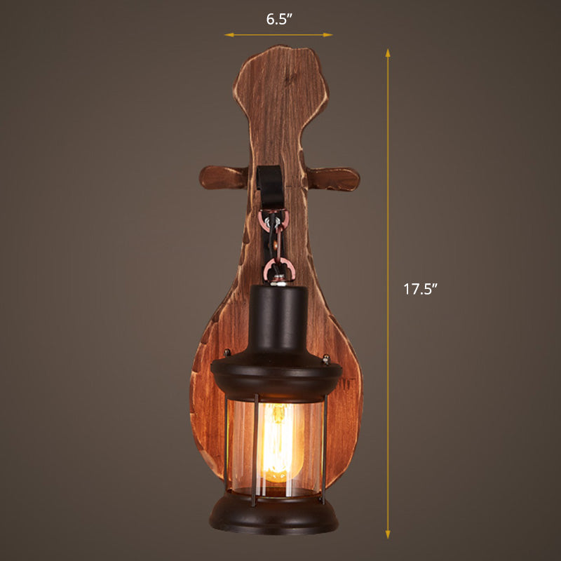 Nautical Wood Sconce Wall Light With Lantern Lampshade - Novelty Guitar Design