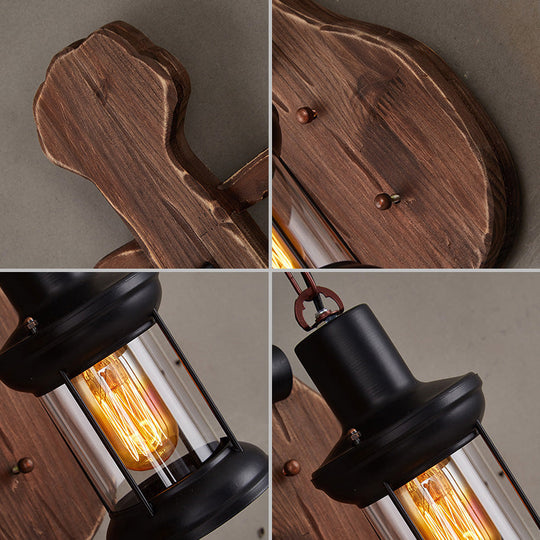 Nautical Wood Sconce Wall Light With Lantern Lampshade - Novelty Guitar Design