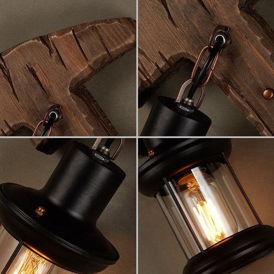 Farmhouse Wooden Wall Sconce With Lantern Shade For Bistro Lighting