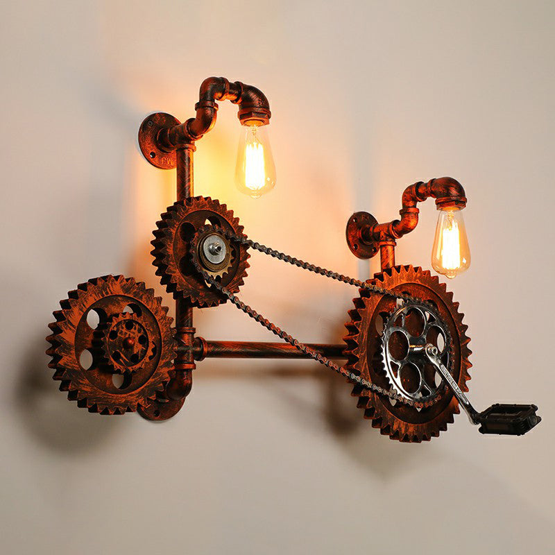 Industrial Pipe Wall Mount Light With Wrought Iron Sconce - 2 Head Rustic Lighting Rust / Bicycle