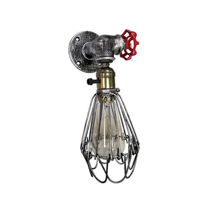 Rust Red Metallic 1-Bulb Cage Wall Light Fixture | Warehouse Sconce For Living Room Silver