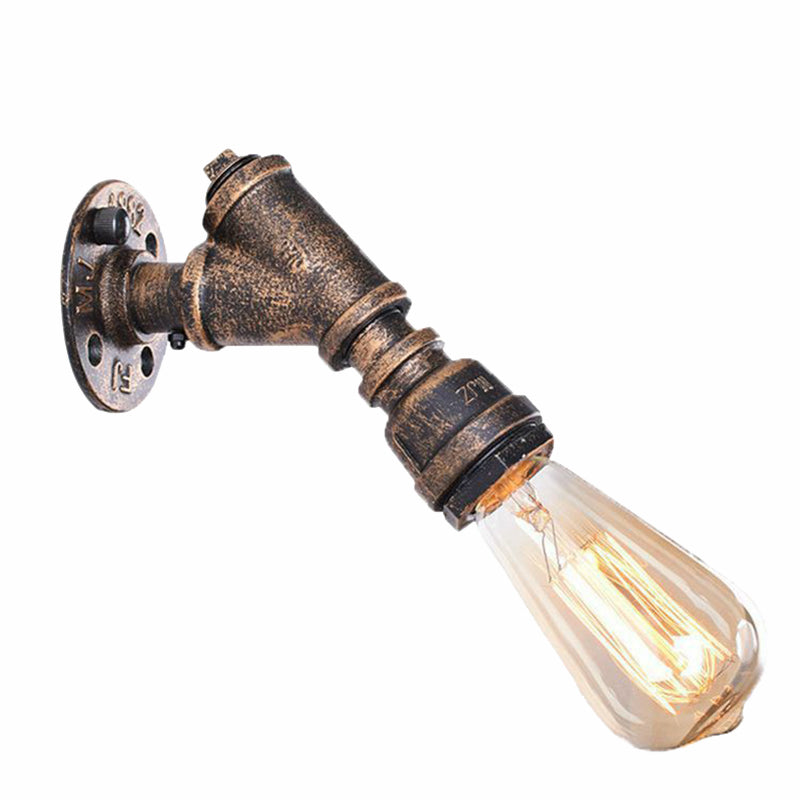 Rustic Piping Wall Sconce - 1-Light Metal Fixture With Exposed Bulb Design Rust