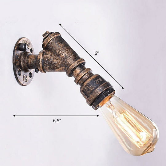 Rustic Piping Wall Sconce - 1-Light Metal Fixture With Exposed Bulb Design
