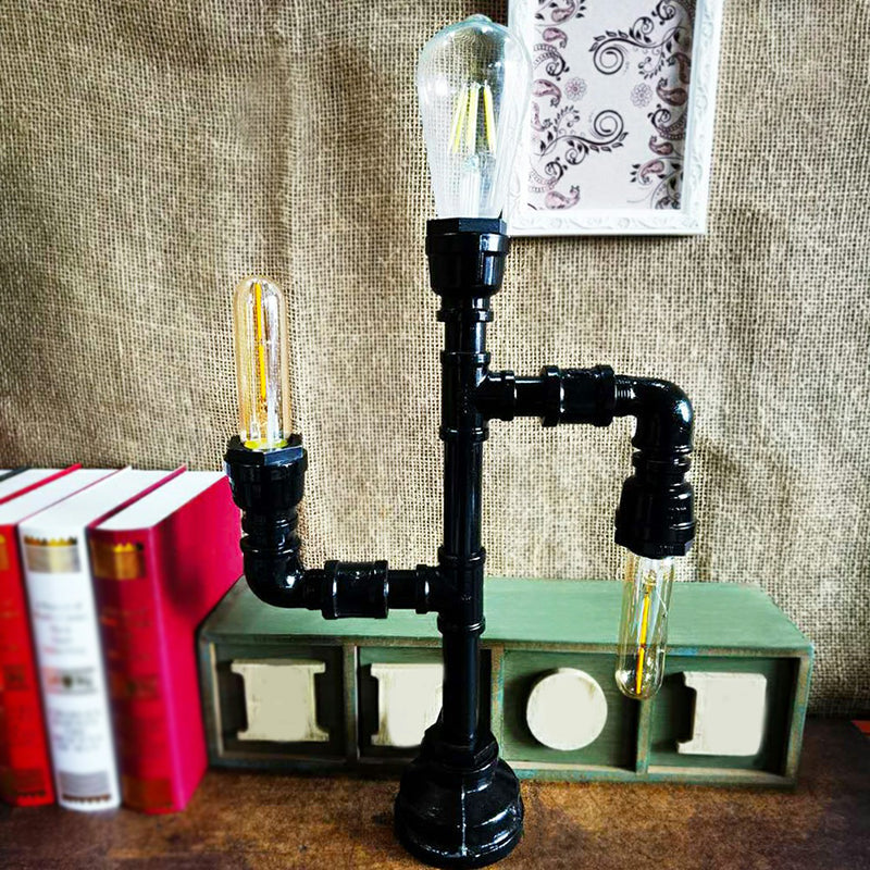 Industrial Metal Water Pipe Nightstand Lamp - Stylish Dorm Room Decoration Light Black / B