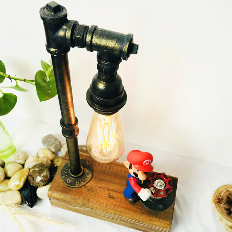 Industrial Iron 1-Light Bedroom Night Lamp With Bronze Finish Wooden Base And Dimmer Switch