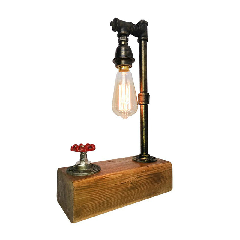 Industrial Iron 1-Light Bedroom Night Lamp With Bronze Finish Wooden Base And Dimmer Switch