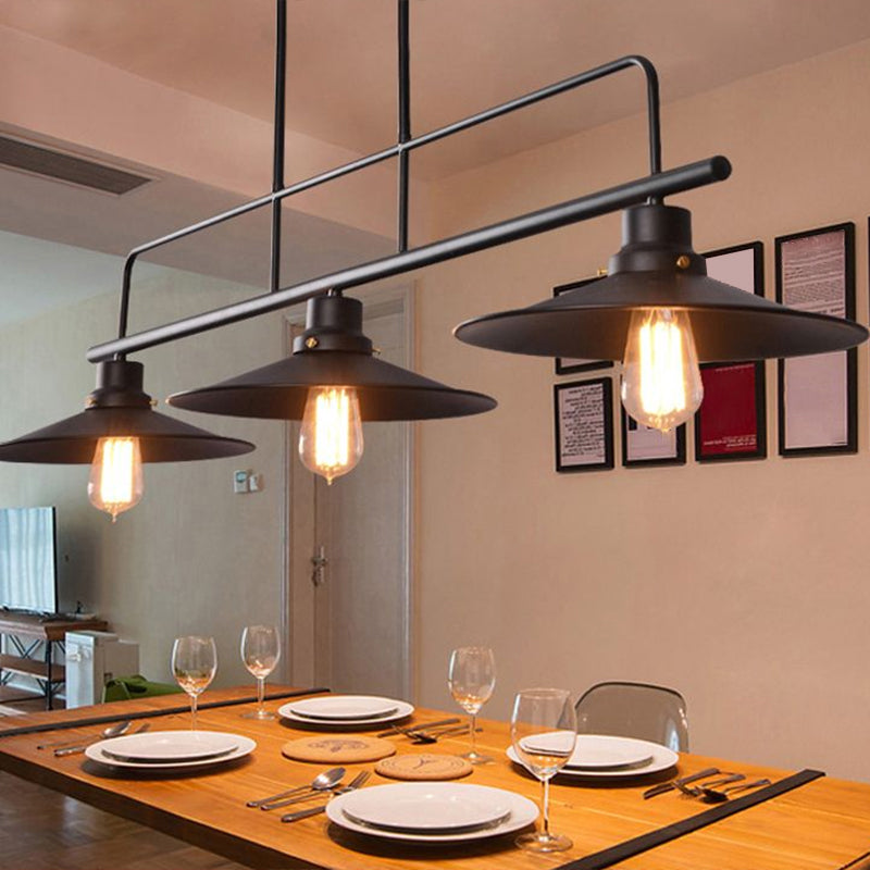 Vintage Black Metal Saucer Suspension Island Lamp With 3 Lights For Dining Room
