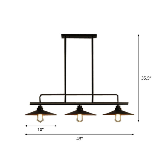 Vintage Black Metal Saucer Suspension Island Lamp With 3 Lights For Dining Room