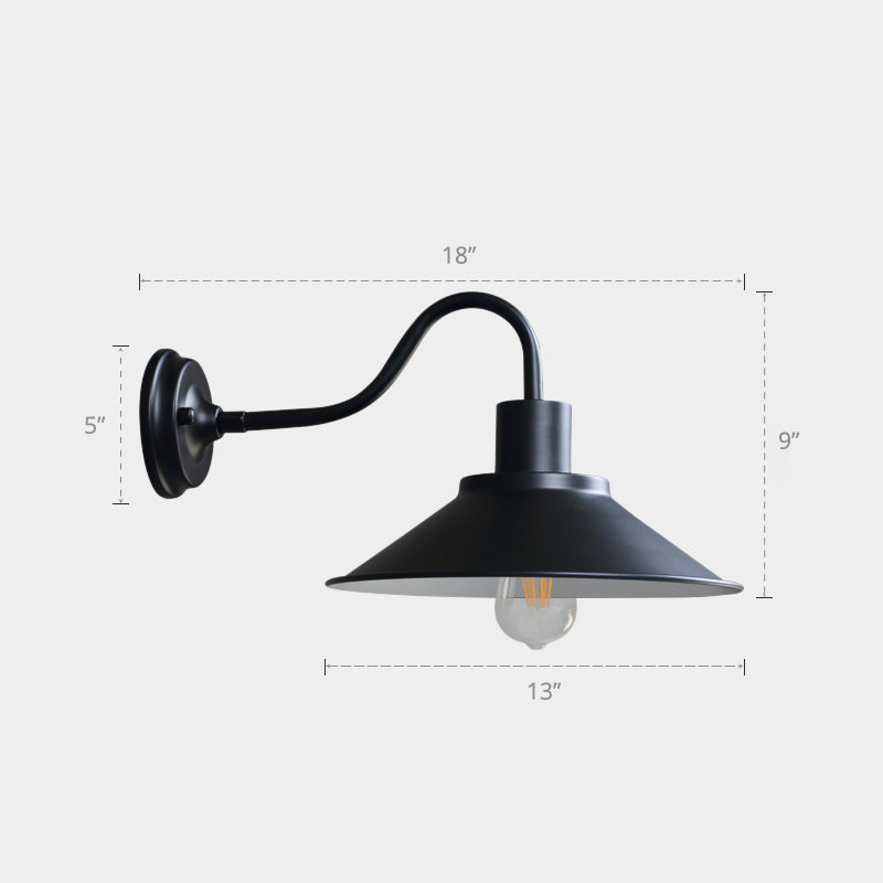 Industrial Outdoor Gooseneck Wall Sconce With Shade And 1-Light Fixture Black