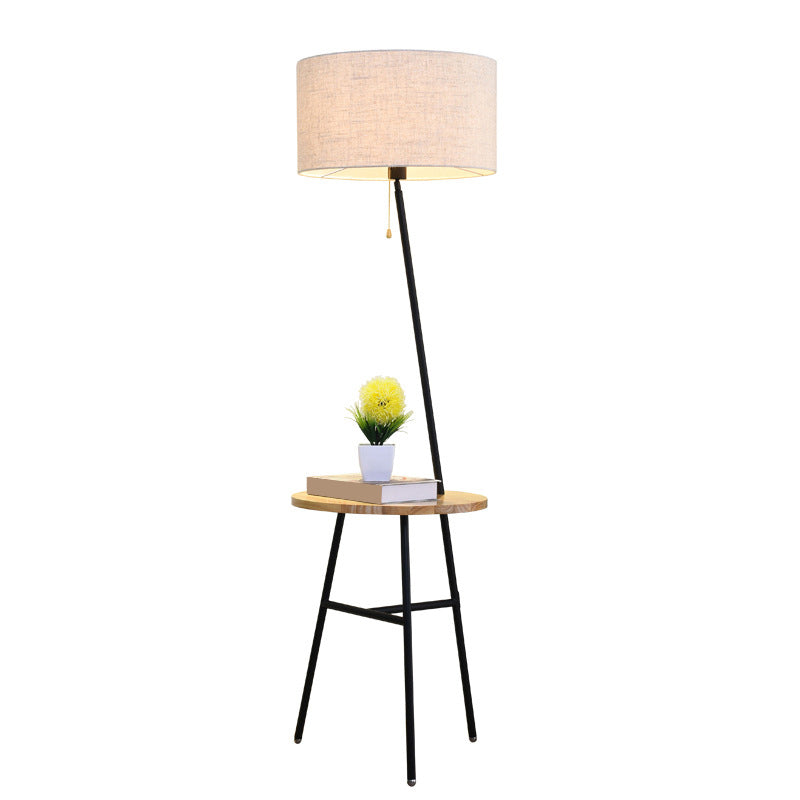 Minimalist Drum Floor Lamp In Black With Wooden Tray And Pull Chain Ideal For Living Room