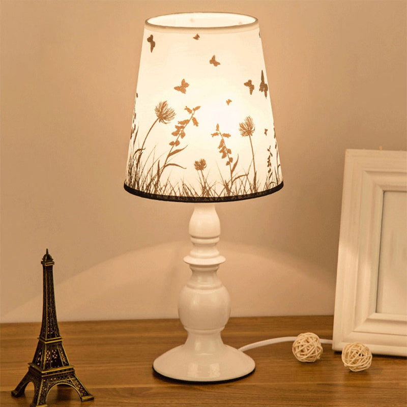 White Classic Patterned Fabric Bucket Nightstand Lamp With Baluster Base - 1 Head Table Lighting / A