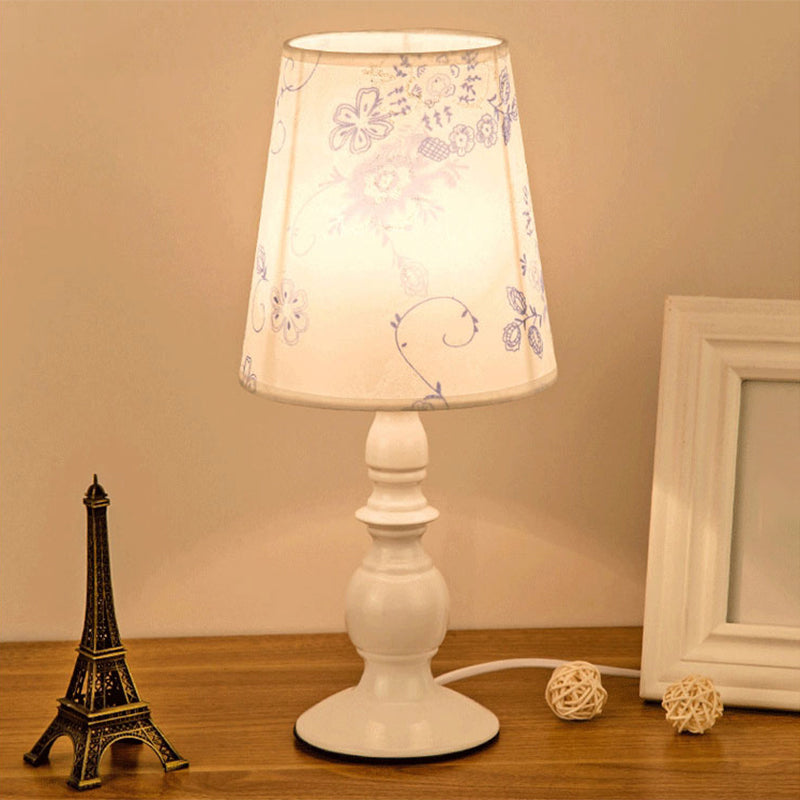 White Classic Patterned Fabric Bucket Nightstand Lamp With Baluster Base - 1 Head Table Lighting / F