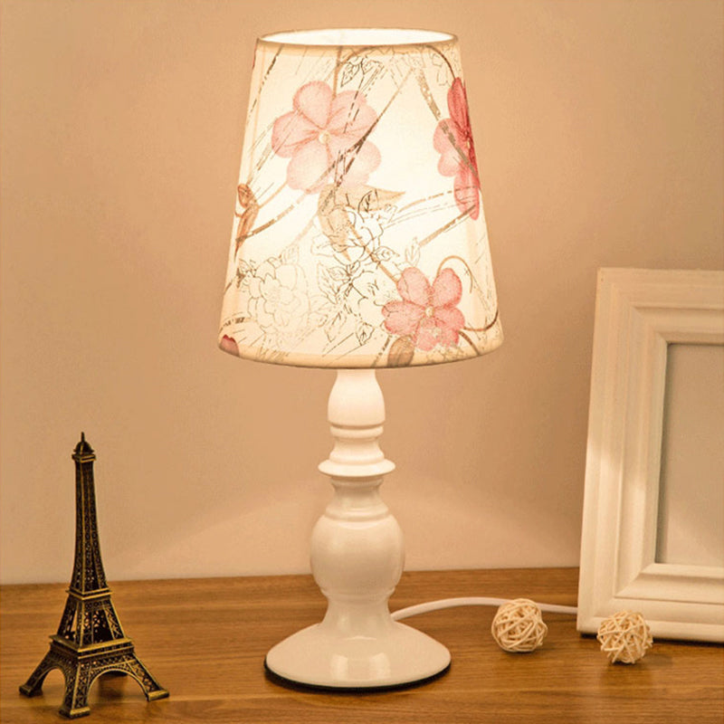 White Classic Patterned Fabric Bucket Nightstand Lamp With Baluster Base - 1 Head Table Lighting / C