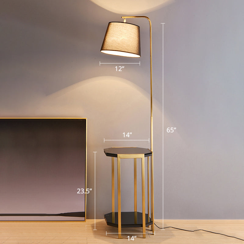 Modern Floor Lamp With 2-Tier Shelf - Bucket Design Fabric Shade Gold / Black