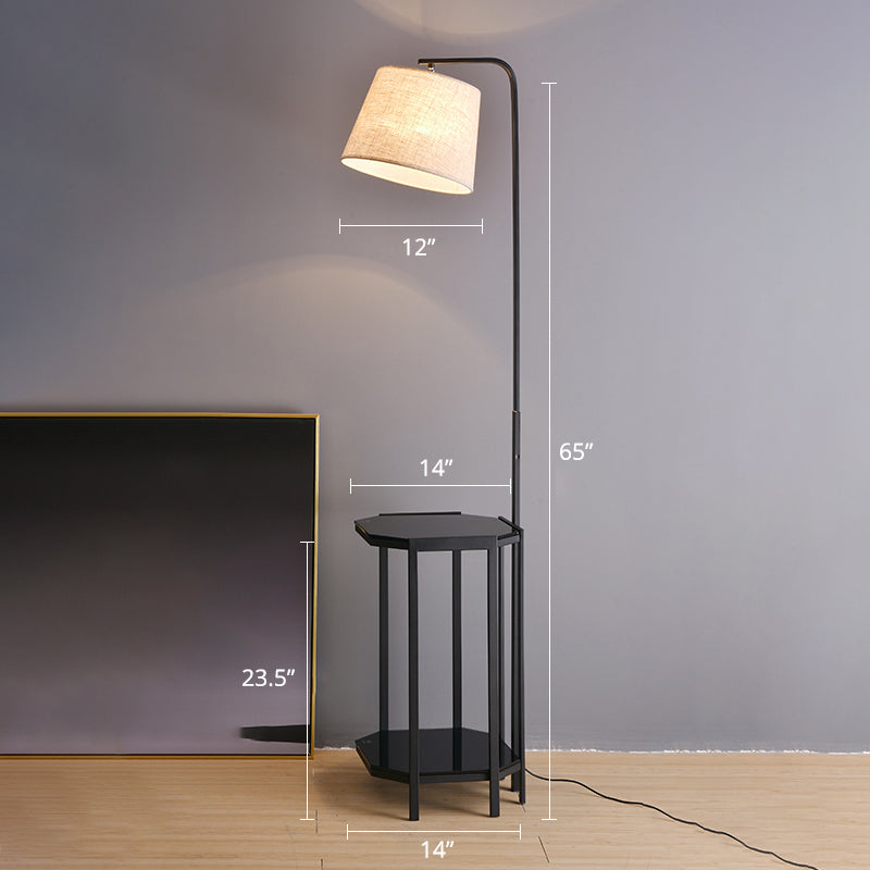 Modern Floor Lamp With 2-Tier Shelf - Bucket Design Fabric Shade Black / White
