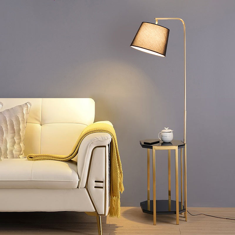 Modern Floor Lamp With 2-Tier Shelf - Bucket Design Fabric Shade