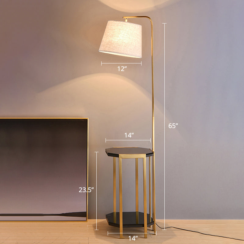 Modern Floor Lamp With 2-Tier Shelf - Bucket Design Fabric Shade Gold / White
