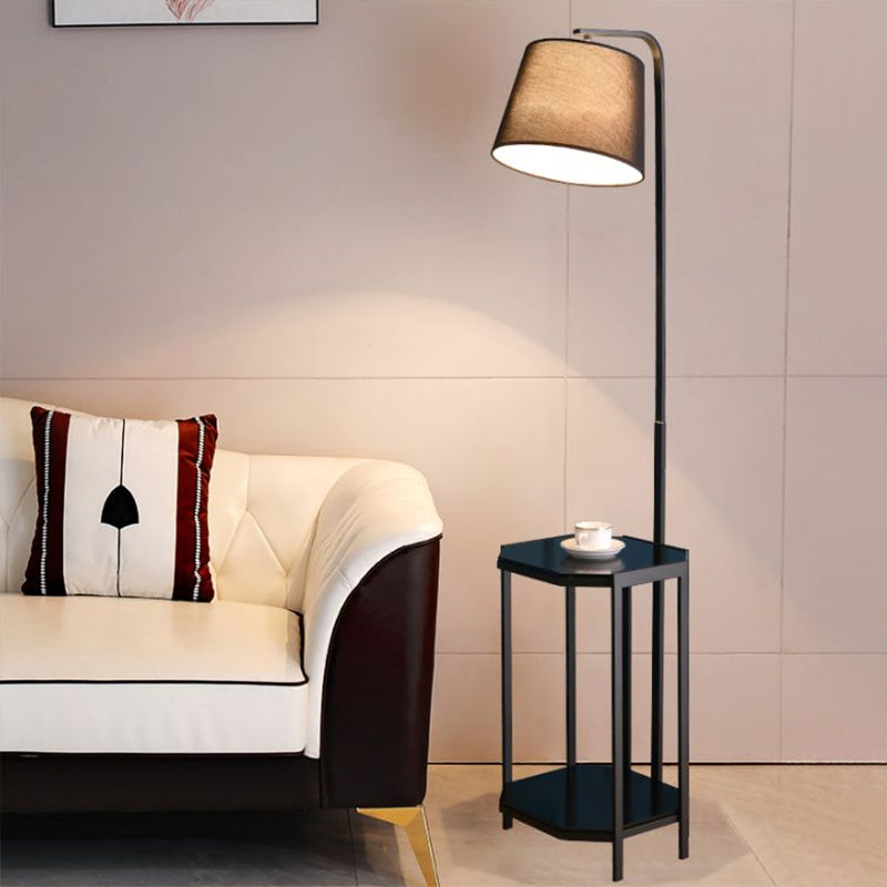 Modern Floor Lamp With 2-Tier Shelf - Bucket Design Fabric Shade Black /